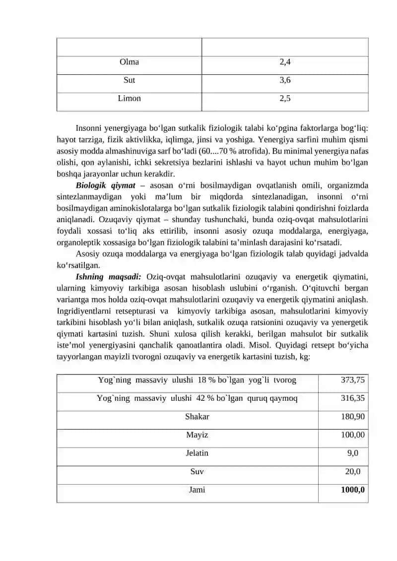 OZIQ-OVQAT MAHSULOTLARINING KIMYOVIY TARKIKI VA ENERGETIK QIYMATINI HISOBLASH 2