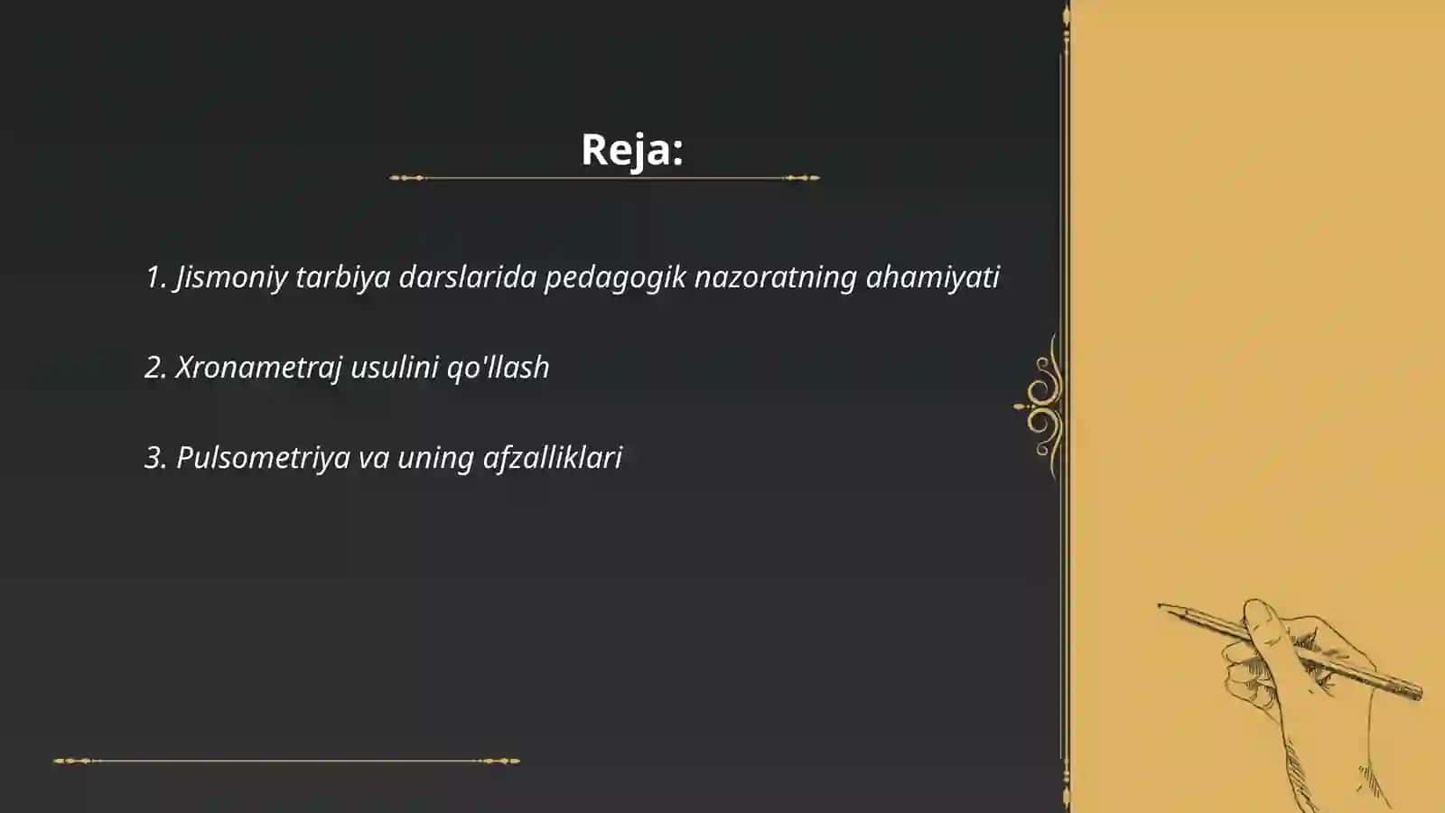 Jismoniy tarbiya darslarida pedagogik nazorat xronametraj pulsometriya va pedagogik tahlil olib borish uslubiyati 2