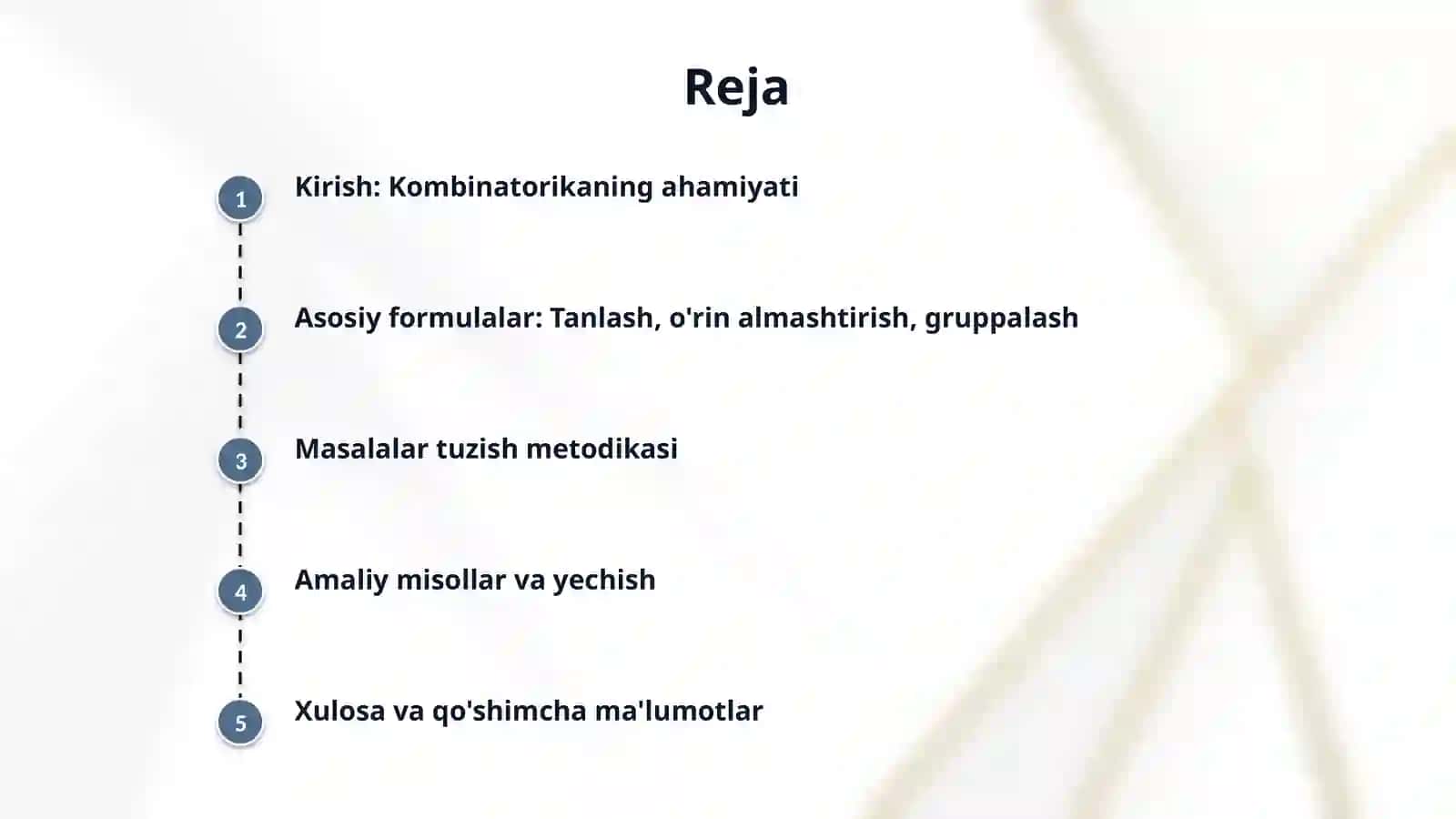 Kombinatorika mavzusidagi  formulalar yordamida yechiladigan masalalar tuzish 2