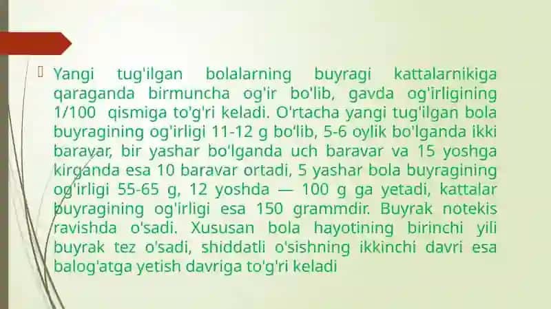 Bolalarda buyrak, siydik yo’li, siydik pufagi va siydik chiqarish kanali anatoma – fiziologik xususiyatlari 2
