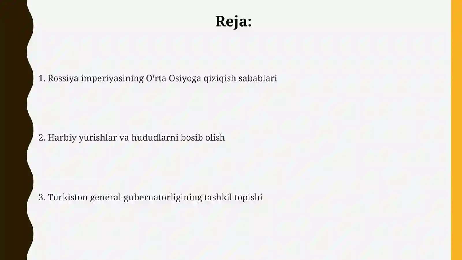 Rossiya imperiyasining oʻrta Osiyoga yurishi va Turkiston general-gubernatorligining tashkil topishi 2