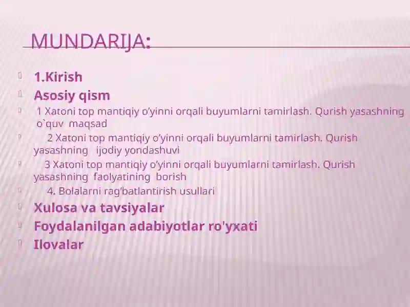 XATONI TOP MANTIQIY O’YINI ORQALARI BUYUMLARNI TA’MIRLASH. QURISH- YASASH MATEMATEKA MARKAZI 2