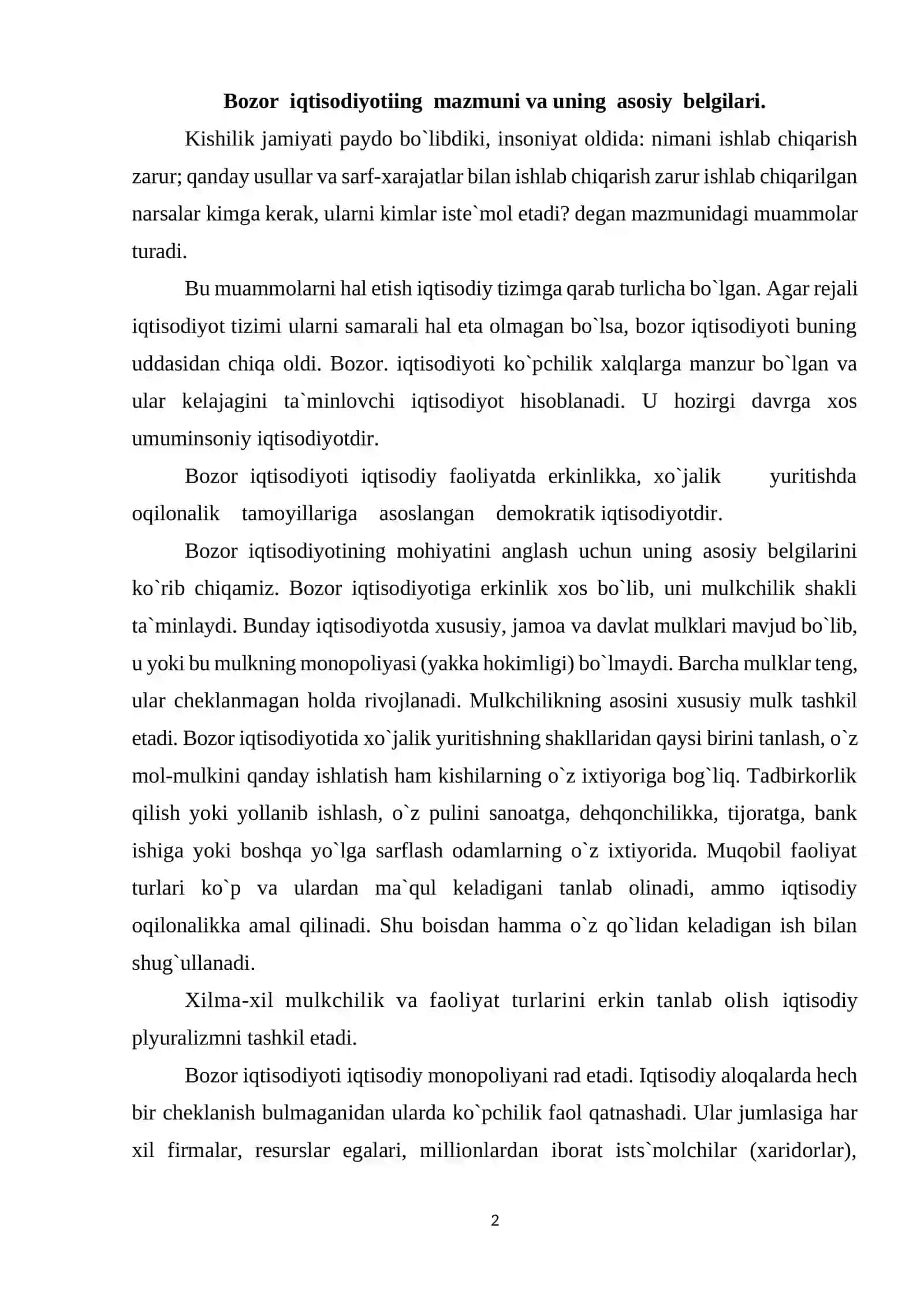 Bozor iqtisodiyotining mazmuni va uning asosiy belgilari 2