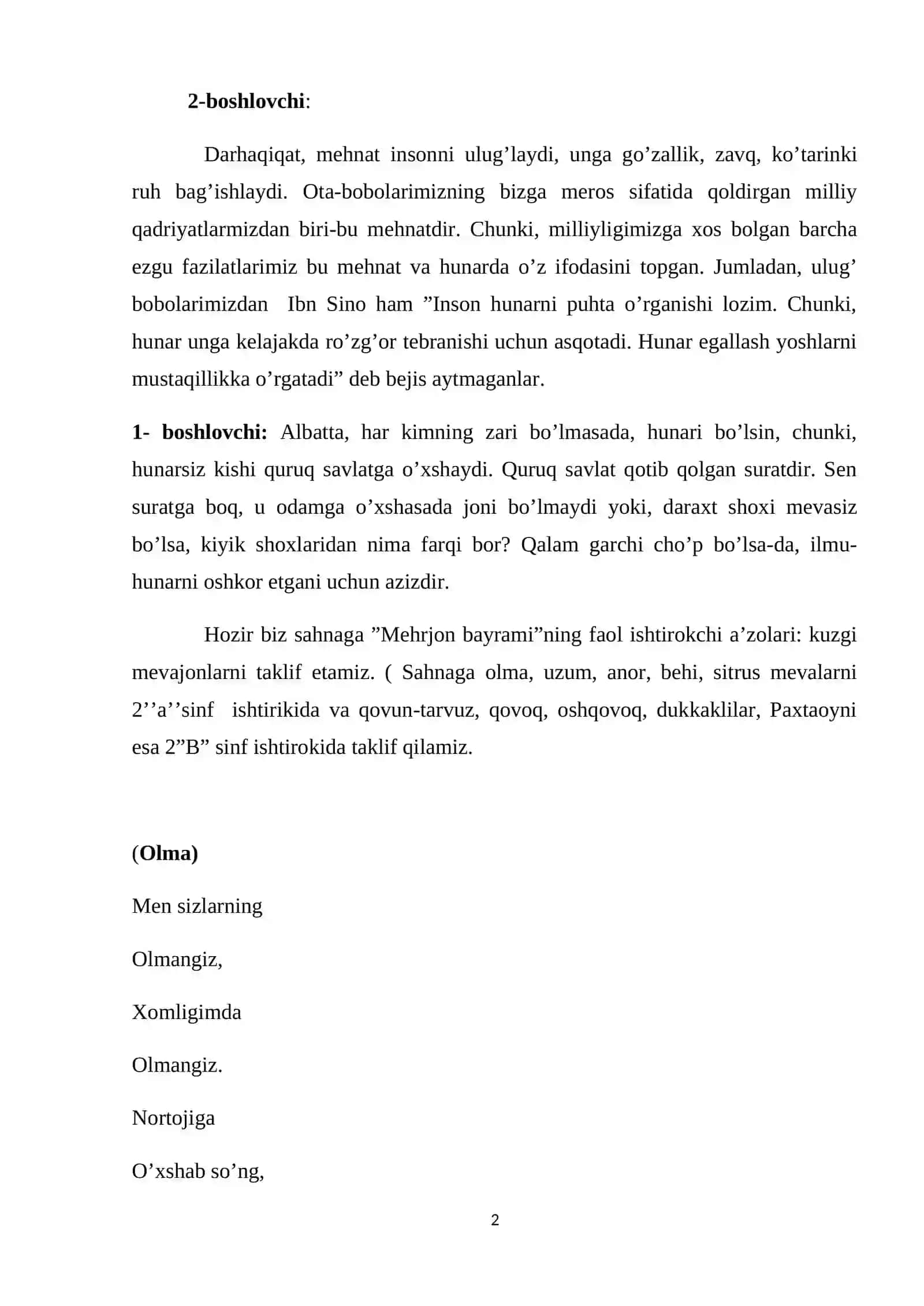 Mehrjon bayrami tadbiri syenariysi 2