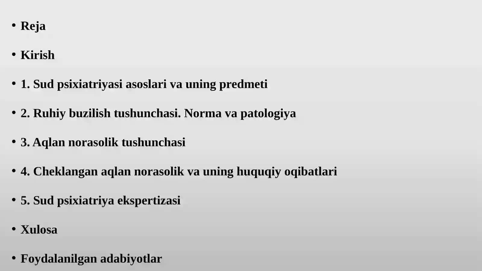 Sud psixiatriyasi asoslari.Sud psixiatriyasiga kirish.Ruhiy buzilish tushunchasi. Norma va patologiyani farqlash.Aqlan norasolik:yuridik va tibbiy mezonlar.Cheklangan aqlan norasolik va uning huquqiy oqibatlari 2