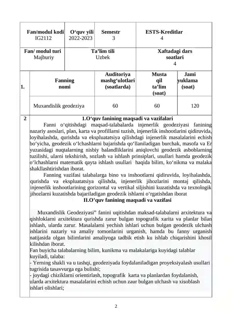 INJENERLIK GEODEZIYASI O'QUV DASTURI 2