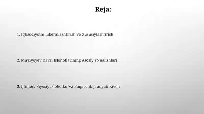 Sh.M.Mirziyoyev rahbarligi ostida amalga oshirilayotgan islohotlar 2