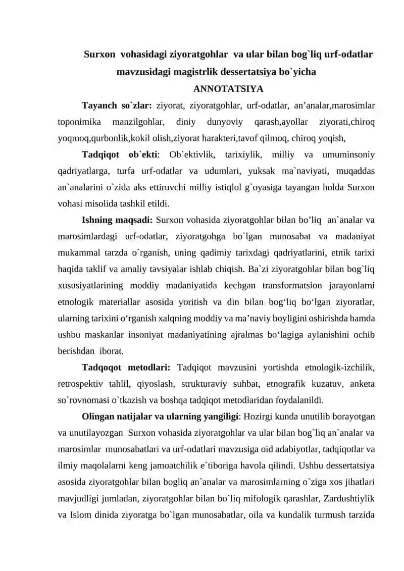 Surxon vohasidagi ziyoratgohlar va ular bilan bog`liq urf-odatlar mavzusidagi magistrlik dessertatsiya 2