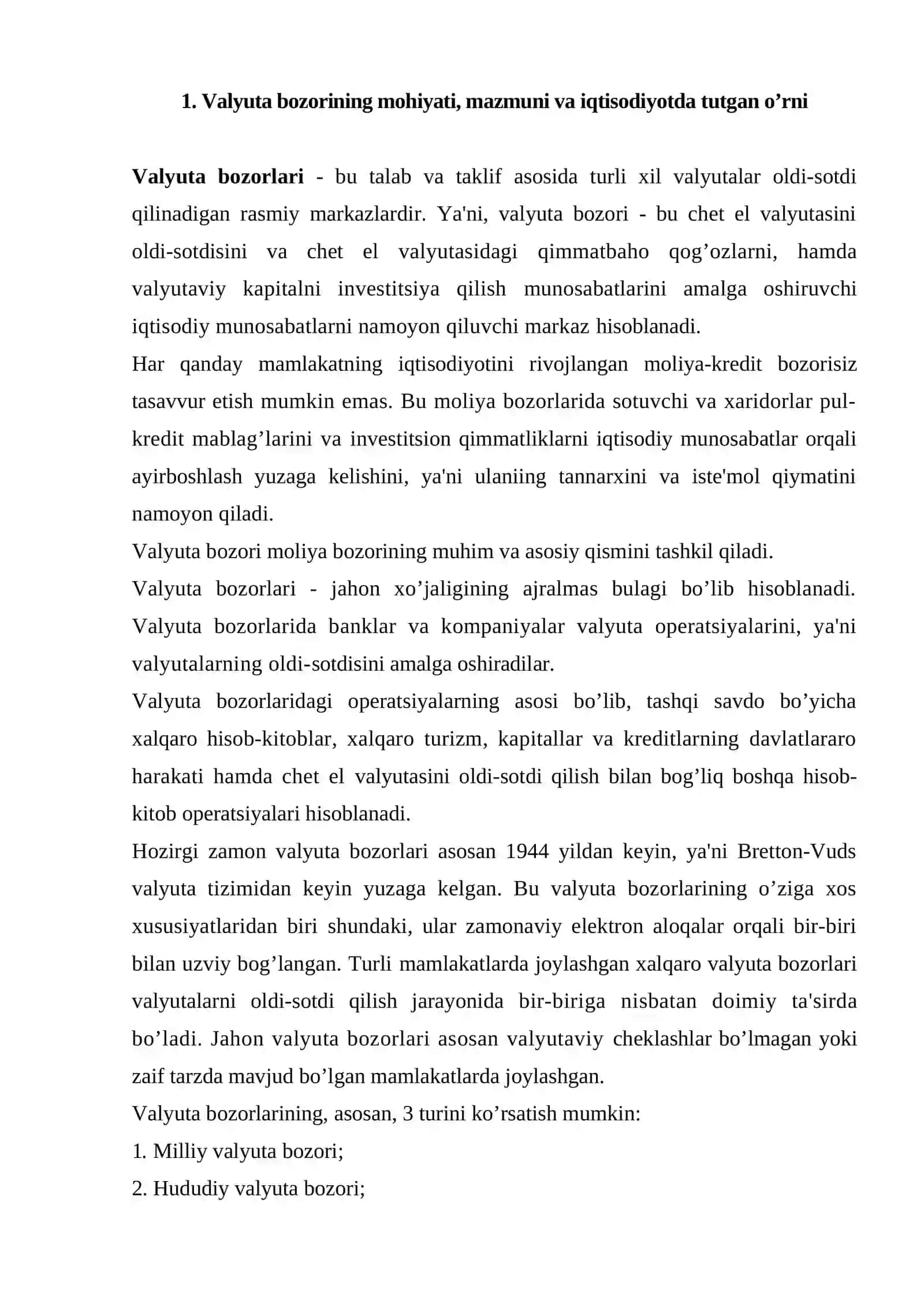 Valyuta bozorining mohiyati, mazmuni va iqtisodiyotda tutgan o’rni 2