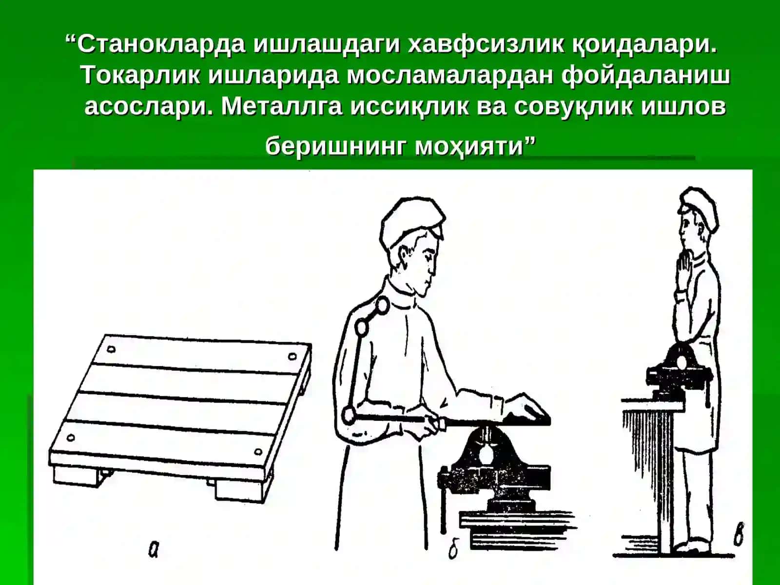 Бир соатлик дарс ишланмаси “Станокларда ишлашдаги хавфсизлик қоидалари. Токарлик ишларида мосламалардан фойдаланиш асослари. Металлга иссиқлик ва совуқлик ишлов беришнинг моҳияти” 2