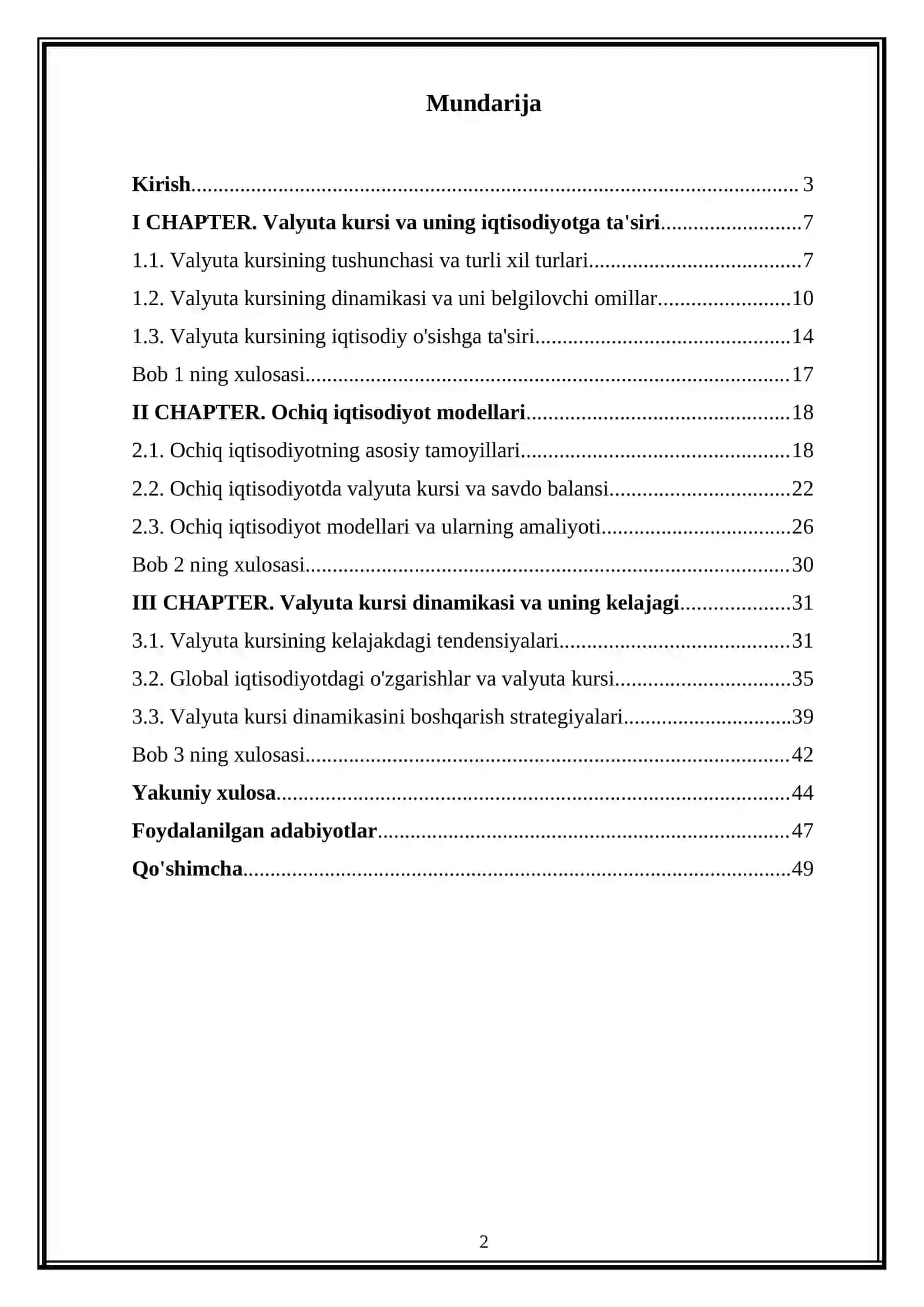 Valyuta kursi dinamikasi va ochiq iqtisodiyot modellari 2