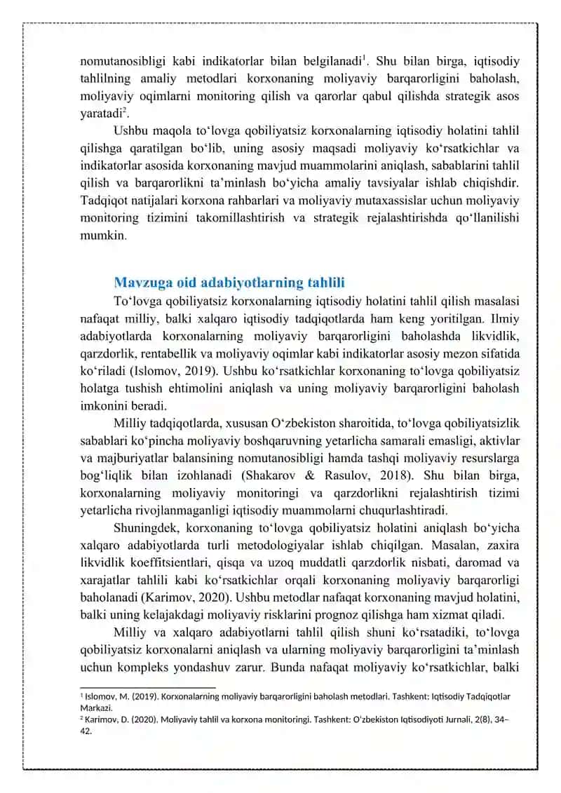 To‘lovga qobiliyatsiz korxona iqtisodiy holatining tahlili 2