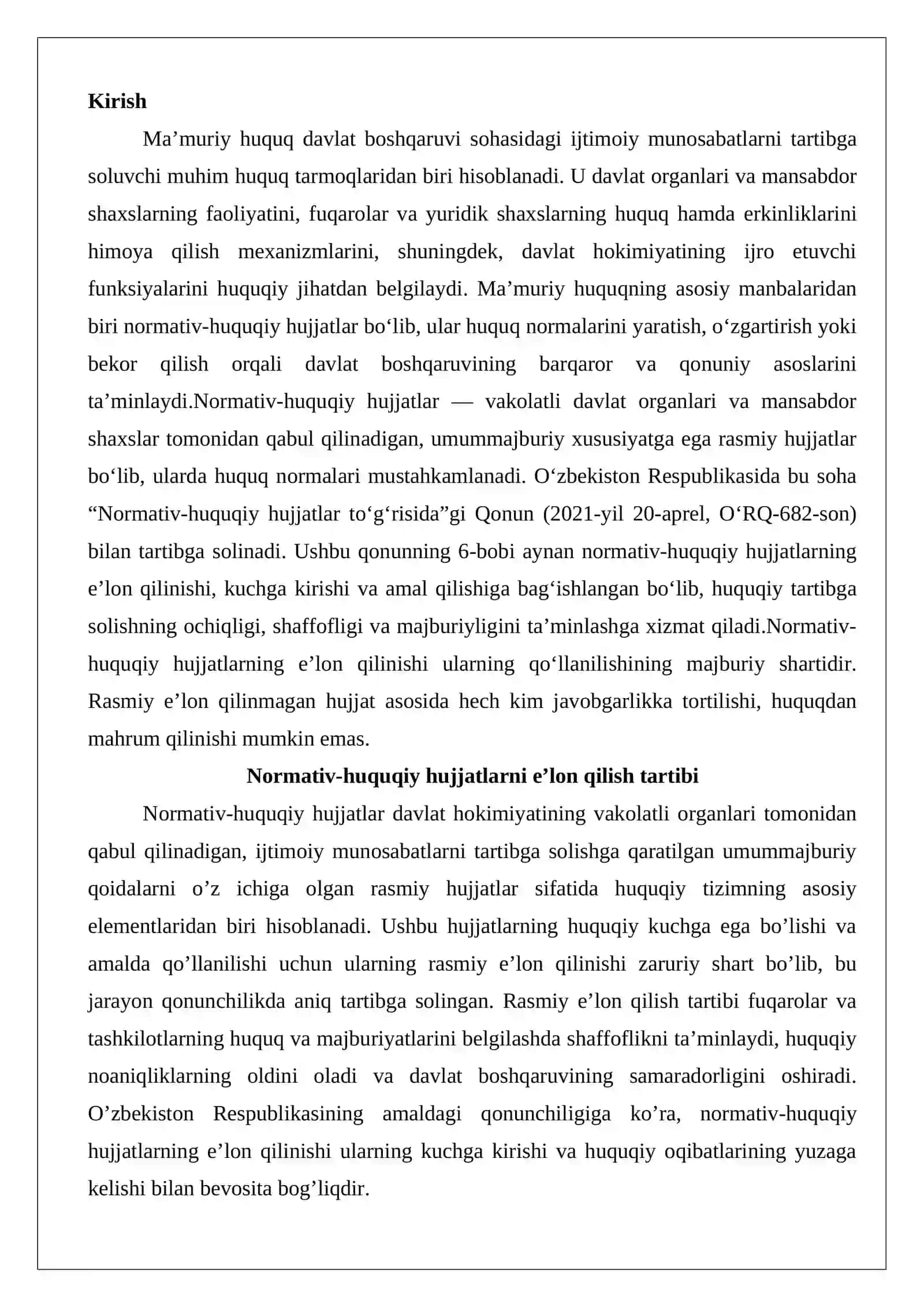 Normativ-huquqiy hujjatlarning e’lon qilinishi, kuchga kirishi va amal qilishi 2
