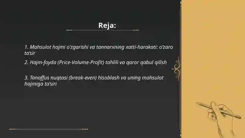 Mahsulot hajmi, tannarx va foyda ko‘rsatkichlarining o‘zaro bog‘liqliklarini tahlil qilish 2