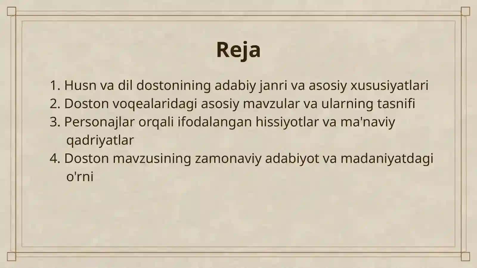 "HUSN VA DIL" DOSTONINI MAVZUIY TASNIF QILISH 2