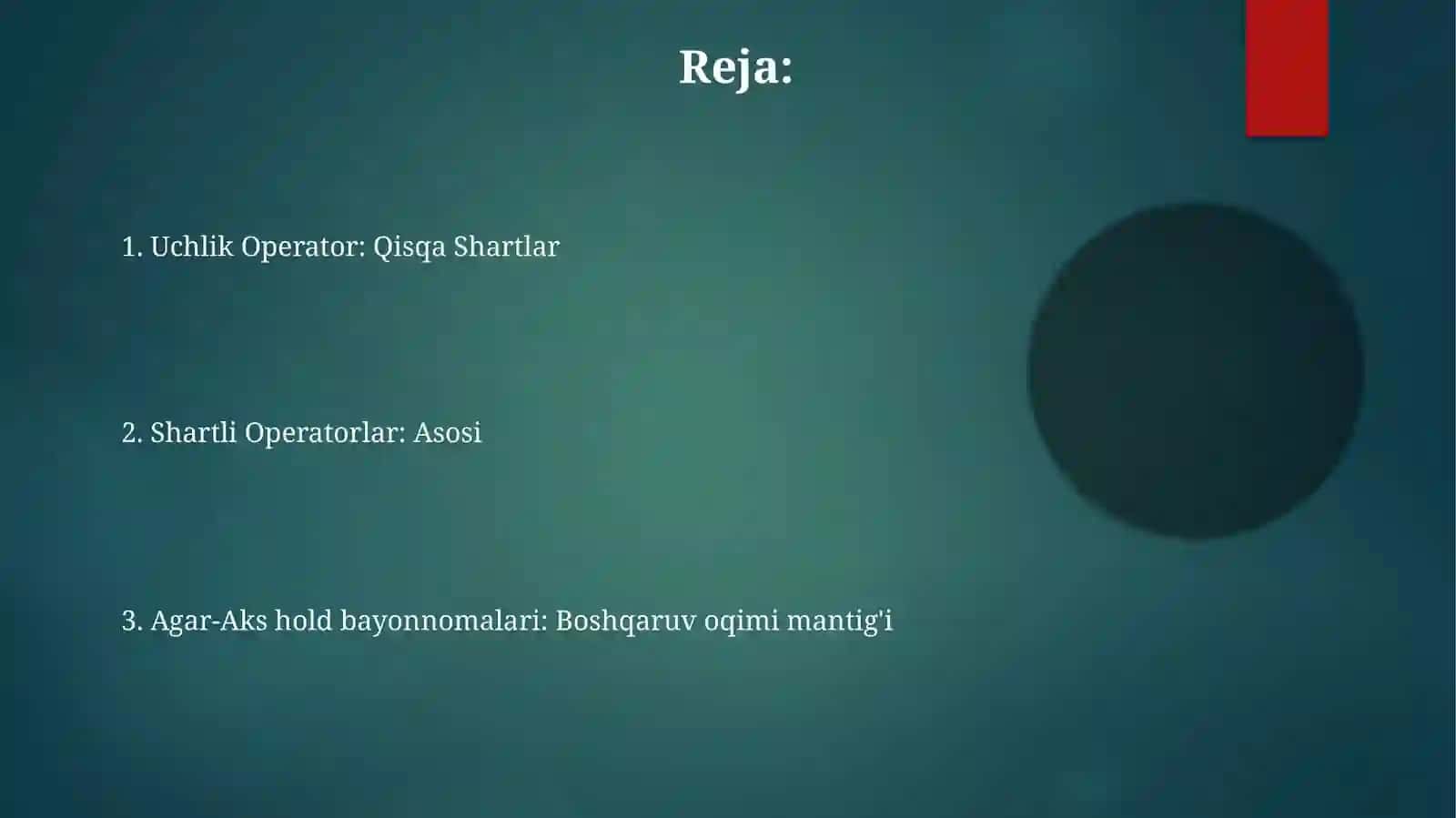 Agar-yo'qsa operatorlari (C++, Java, Python va h.k.) bir nechta shartlarni `if`, `else if`, `else` bloklari yordamida qayta ishlaydi; boolean ifodalarni (rost/yolg'on) baholashga asoslanib turli kod bloklarini bajaradi; masalan, `if (x > 10) { 2