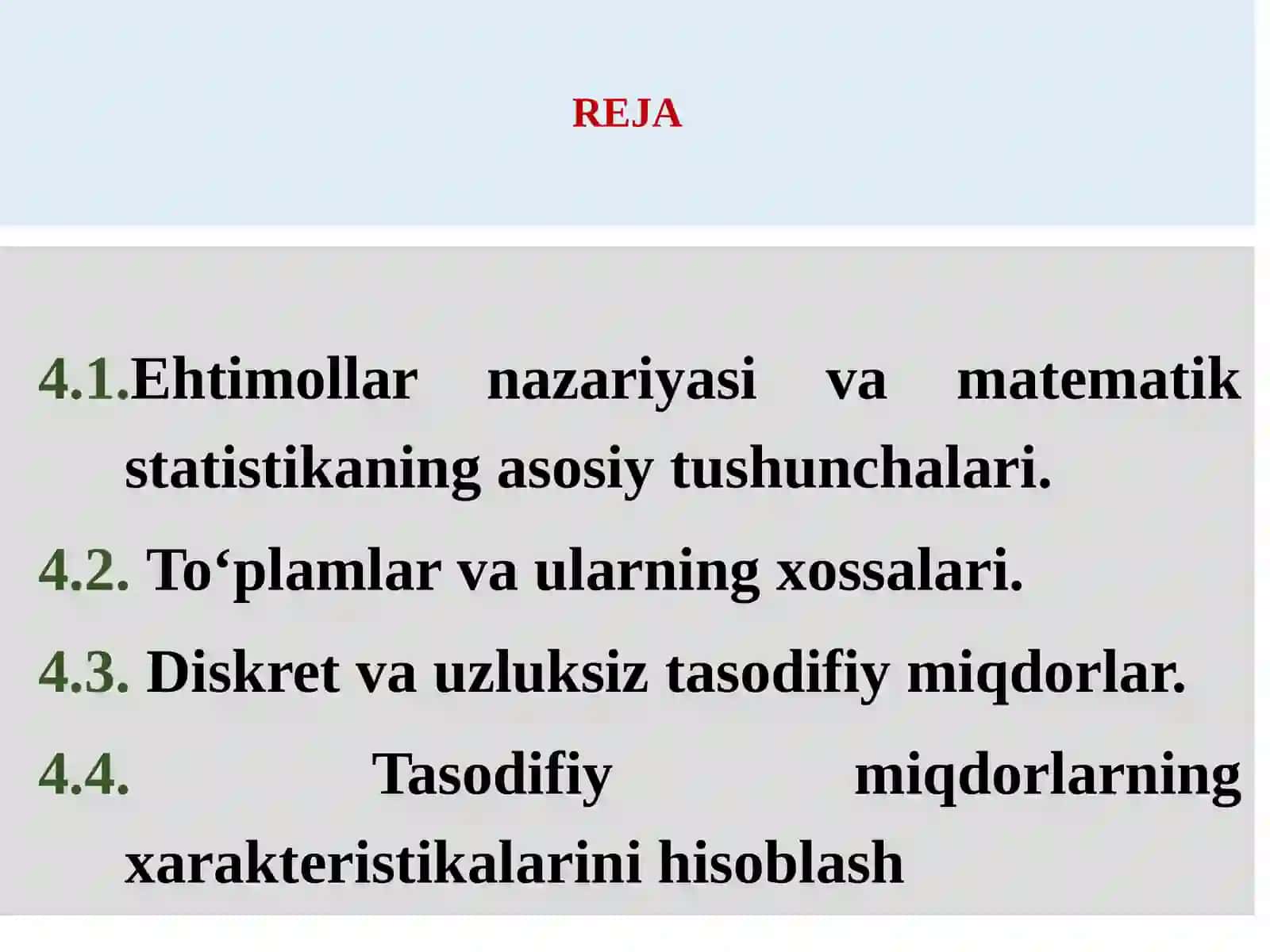 EKONOMETRIKADA EHTIMOLLAR NAZARIYASI VA MATEMATIK STATISTIKANING ASOSIY TUSHUNCHALARI 2