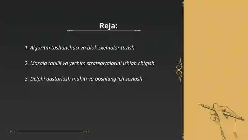 Masalalar algoritmini tuzish va shu algoritm asosida Delphi dasturlash tilida dastur tuzish 2