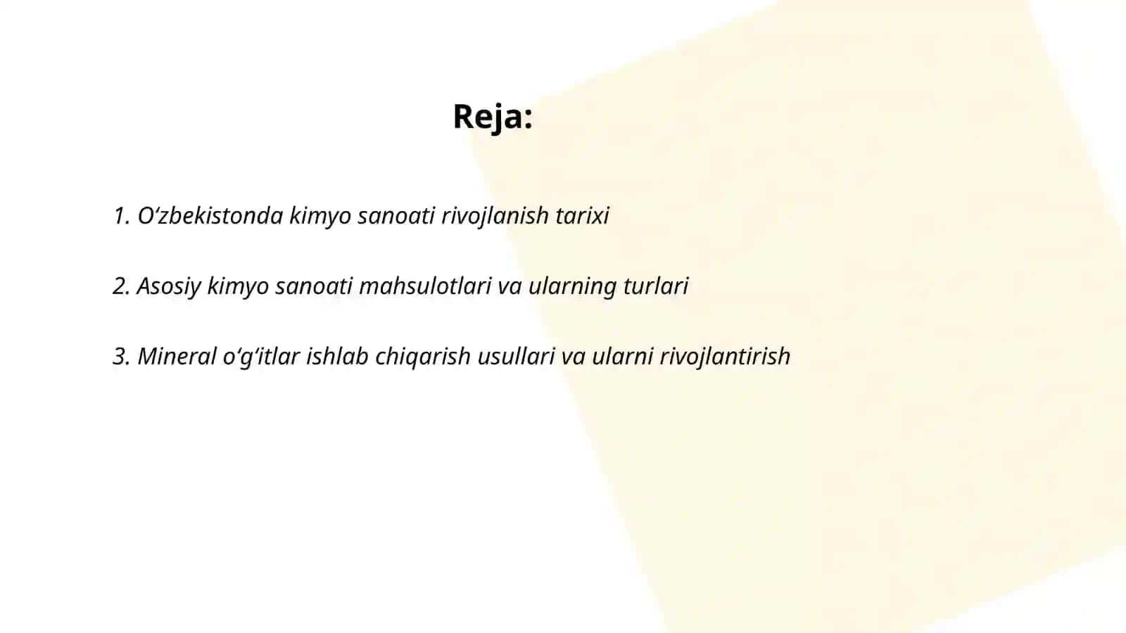 Oʻzbekistonda kimyo sanoati ishlab chiqaradigan mahsulotlar va kimyoviy ishlab chiqarish usularini rivojlantirish konsepsiyalari 2