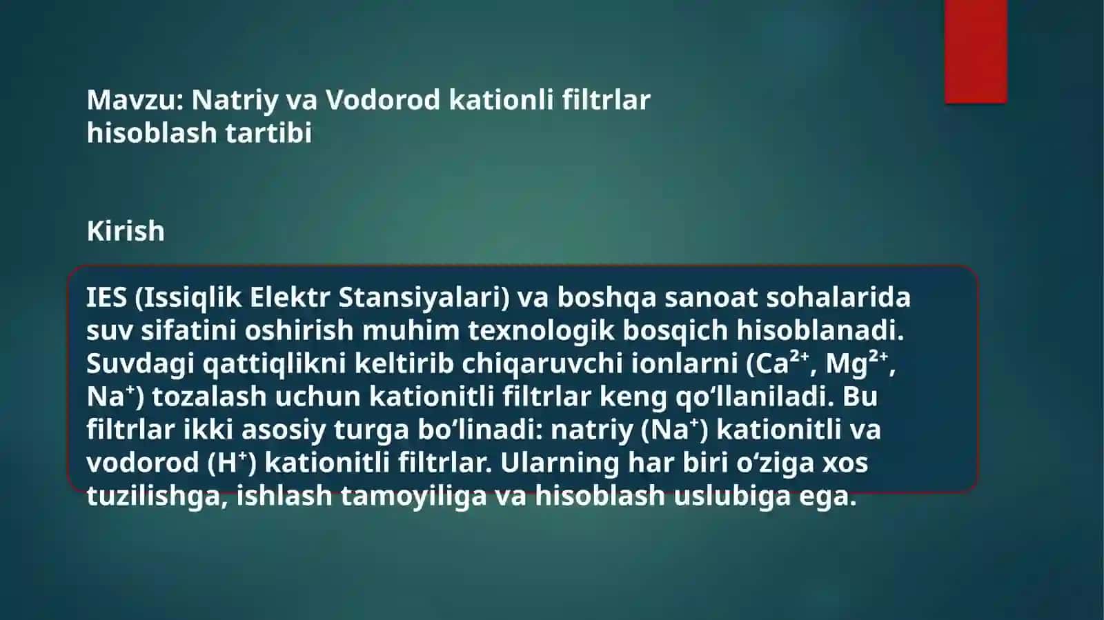 Natriy va Vodorod kationli filtrlar hisoblash tartibi 2