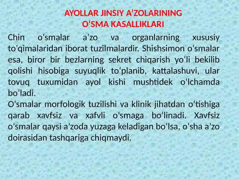 AYOLLAR JINSIY A’ZOLARIDA O’SMA OLDI VA O’SMA KASALLIKLARI 2