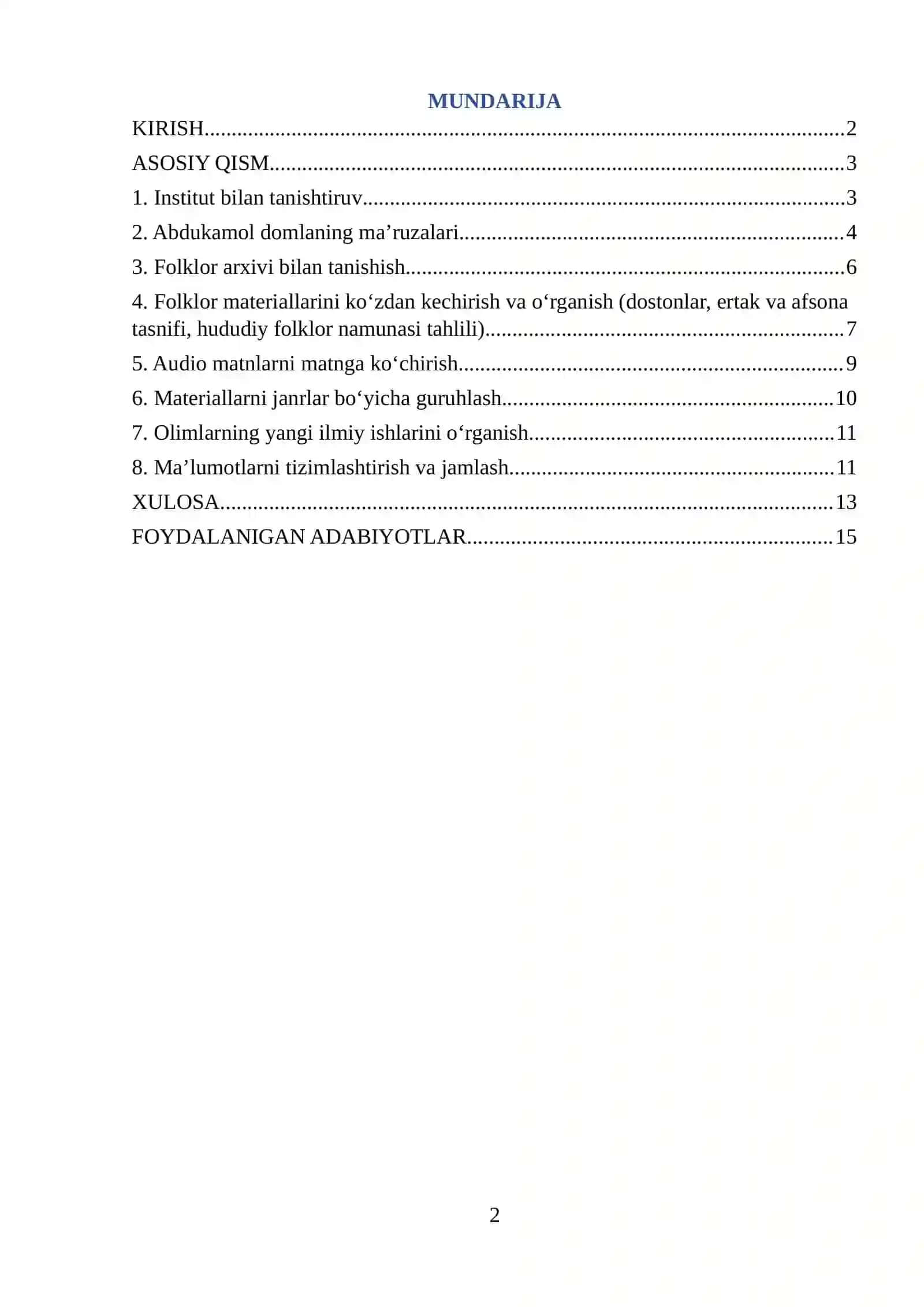 O‘zbek tili va adabiyoti folklor institutida folklor fanidan amaliyot hisoboti 2