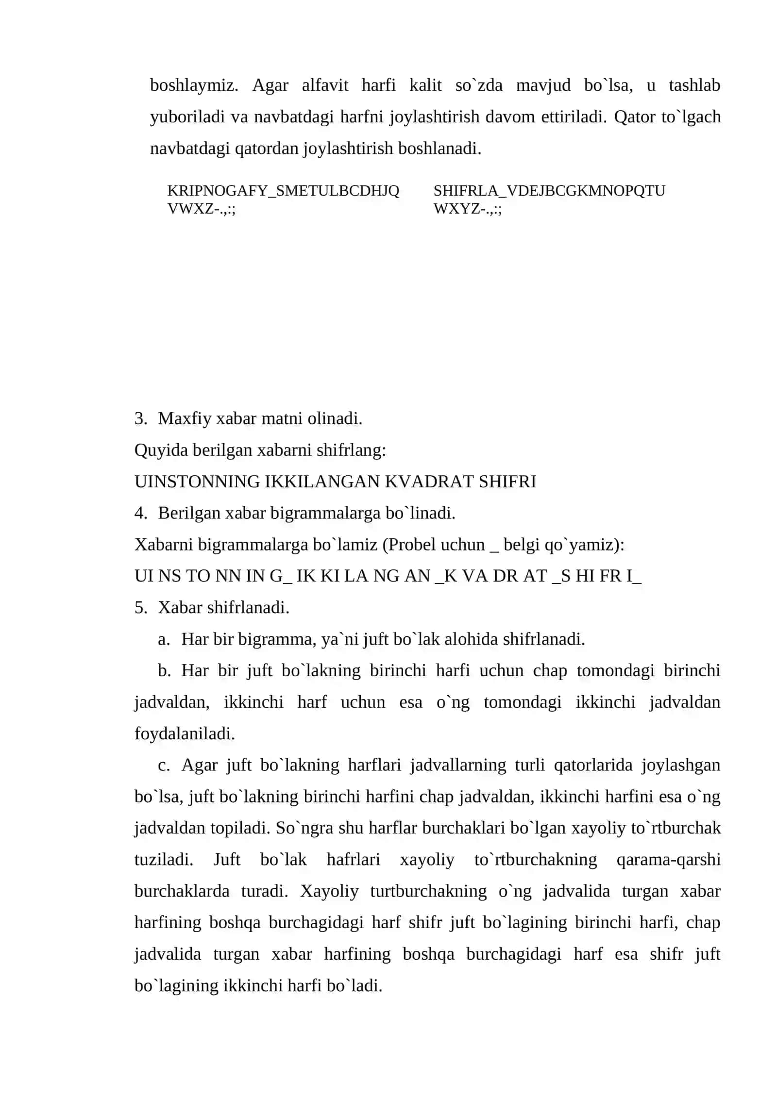 Uinstonning “ikkilangan kvadrat” usulida matnni shifrlash va deshifrlash 2