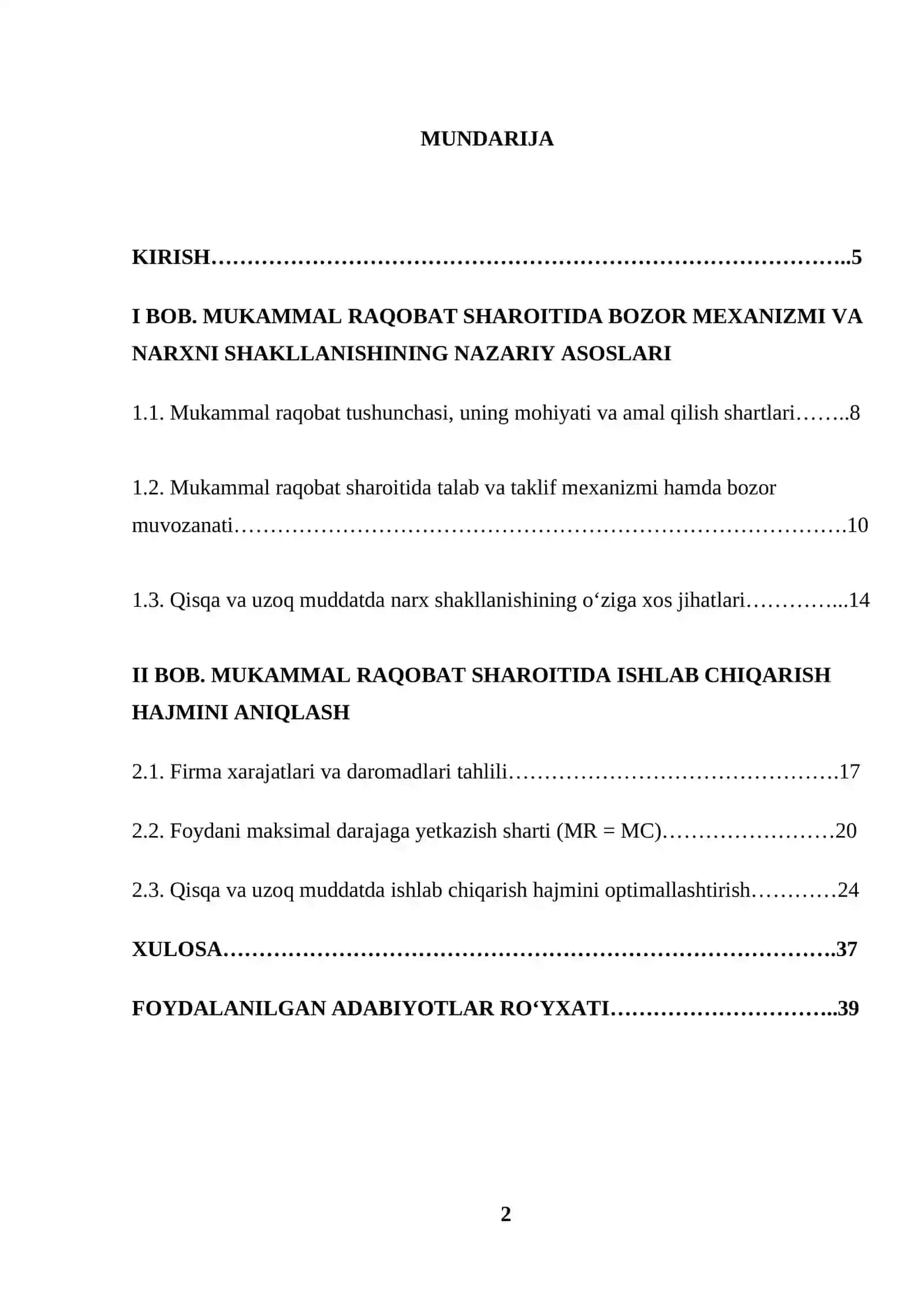 Mukammal raqobat sharoitida narx va ishlab chiqarish hajmini aniqlash 2
