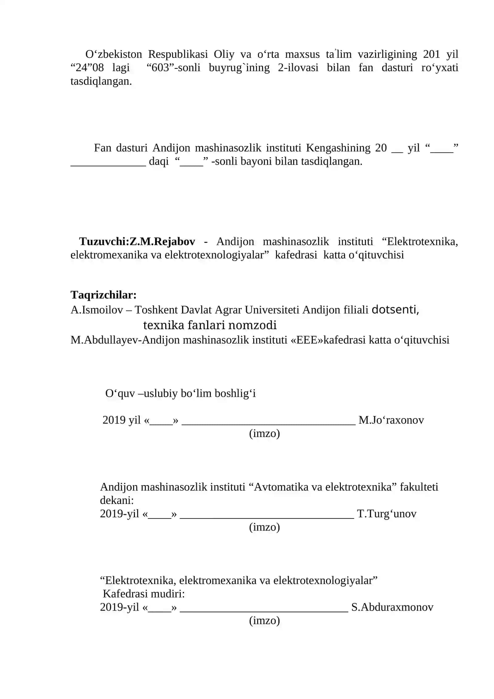 Elektr mashinalar fanining ishchi o‘quv dasturi 2