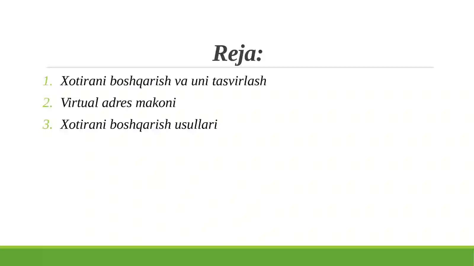 Operatsion tizimlarda xotirani boshqarish. Xotira va uni tasvirlash, virtual adres makoni 2