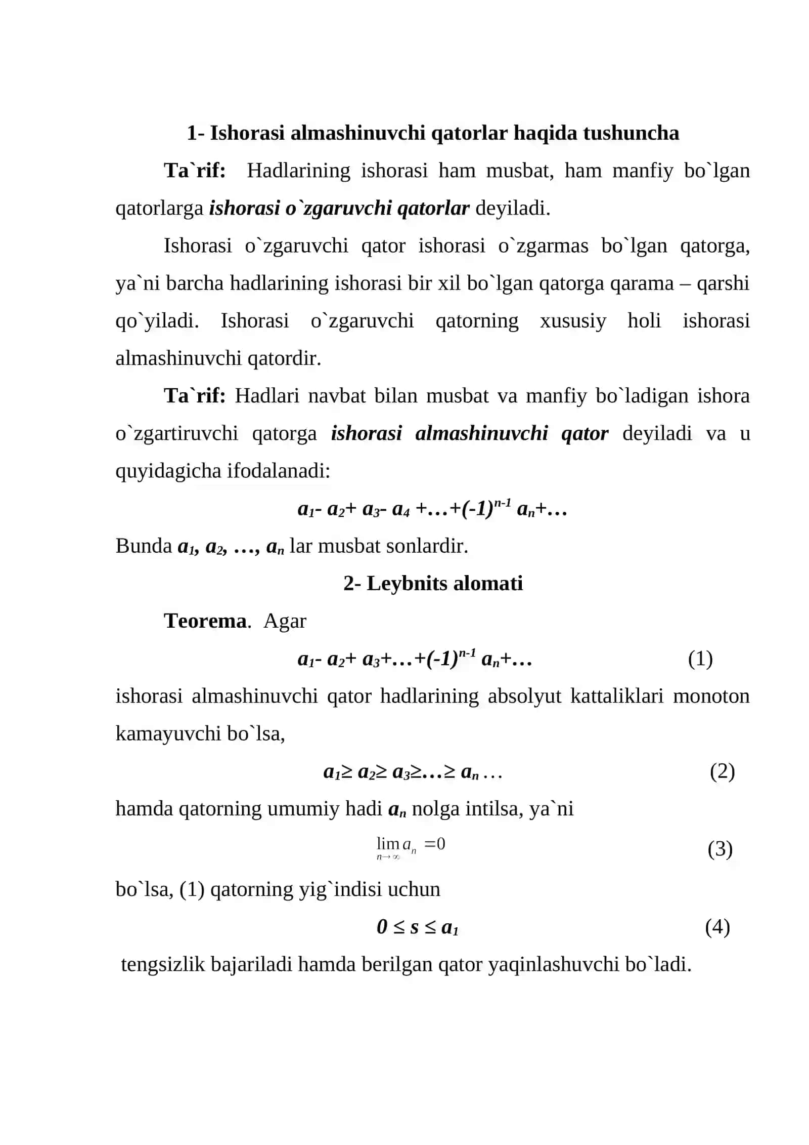 O‘zgaruvchan ishorali qatorlar. Absolyut va shartli yaqinlashish 2