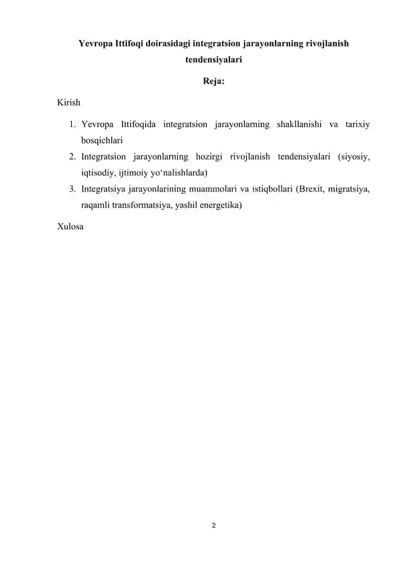 Yevropa Ittifoqi doirasidagi integratsion jarayonlarning rivojlanish tendensiyalari 2