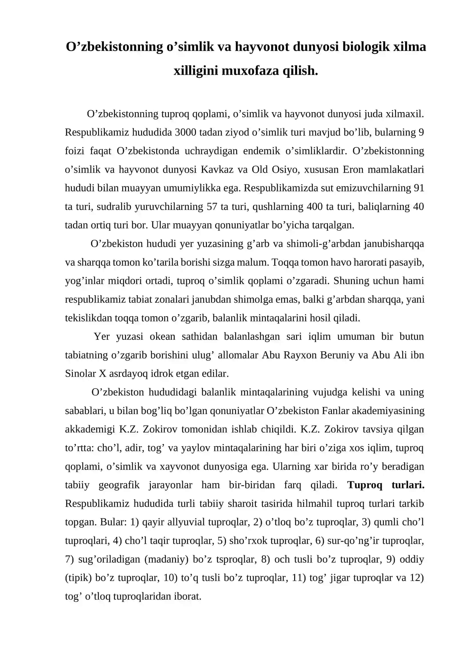 O’zbekistonning o’simlik va hayvonot dunyosi biologik xilma xilligini muhofaza qilish 2