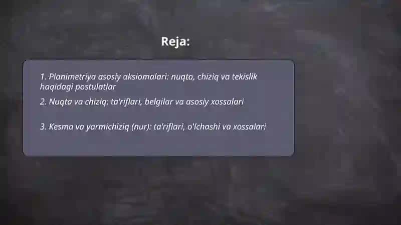Planimetriya aksiomalarini takrorlash. Sodda geometrik figuralar taʼriflari, xossalari 2