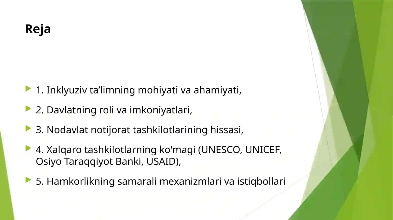 Inklyuziv ta’limni joriy etishda Davlat, nodavlat tashkilotlar va xalqaro tashkilotlar UNESCO, UNICEF, Osiyo Taraqqiyot Banki, USAID va boshqalar hamkorliligi 2