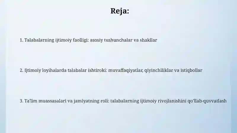 Oʻquvchilarni ijtimoiy rivojlanishda faolligiga qaratilgan 2