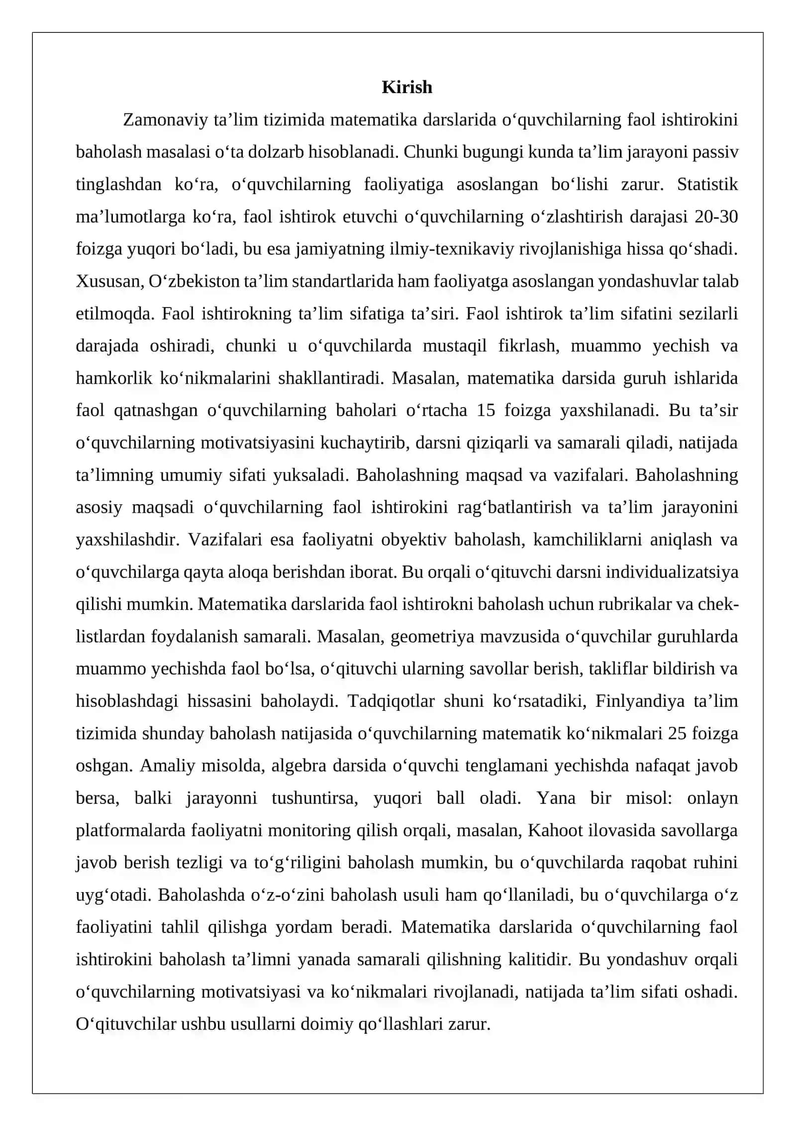 Matematika darslarida o‘quvchilarning faol ishtirokini baholash 2