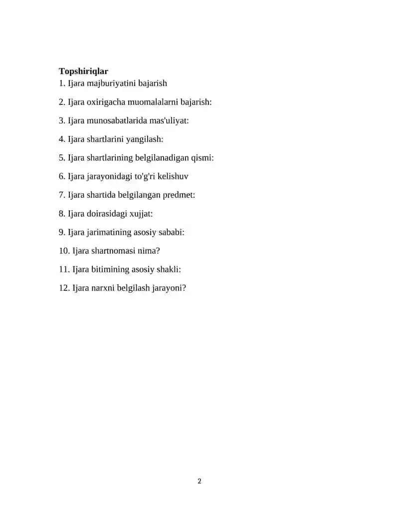 Ijara munosabatlarini tartibga solish Krossvord 2