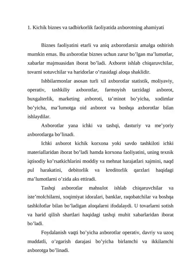 Kichik biznes va tadbirkorlik faoliyatini axborot bilan ta’minlash 2