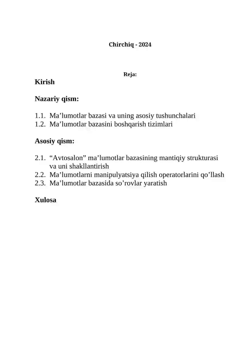 "Avtosalon uchun ma’lumotlar bazasini va avtomatlashgan Tizimni ishlab chiqish" 2
