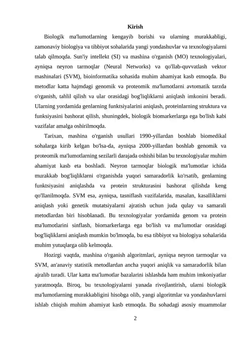 Neyron tarmoqlar va SVM ning bioinformatikadagi qo'llanilishi 2