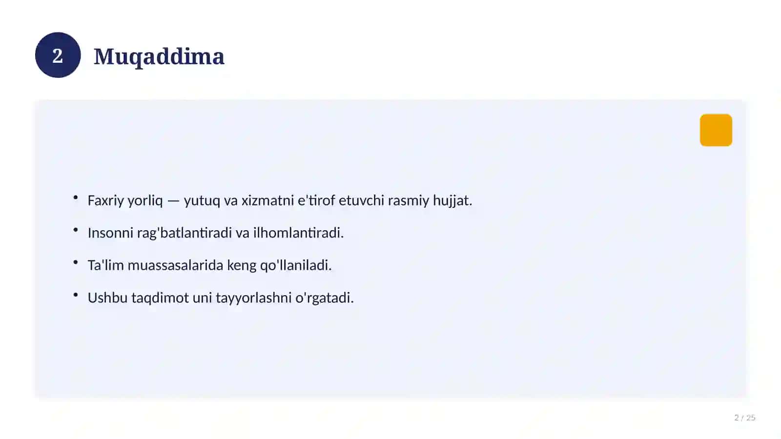 Faxriy yorliq eng faol o'quvchi uchun 2