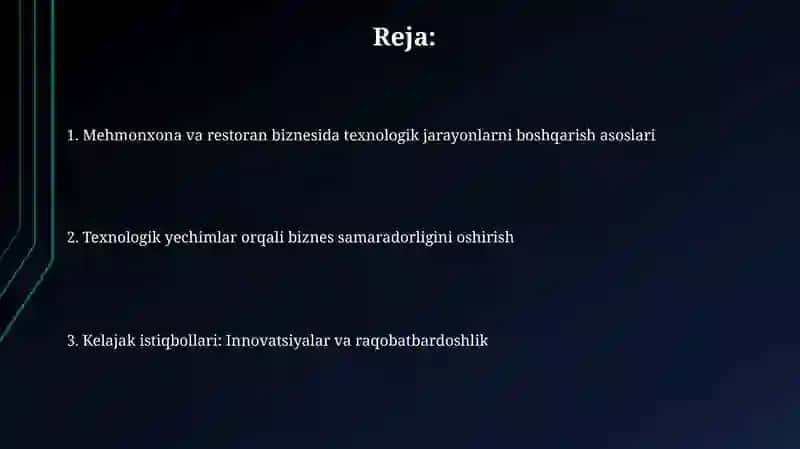 Mehmonxona va restoran biznesidagi texnologik jarayonlarni boshqarish 2