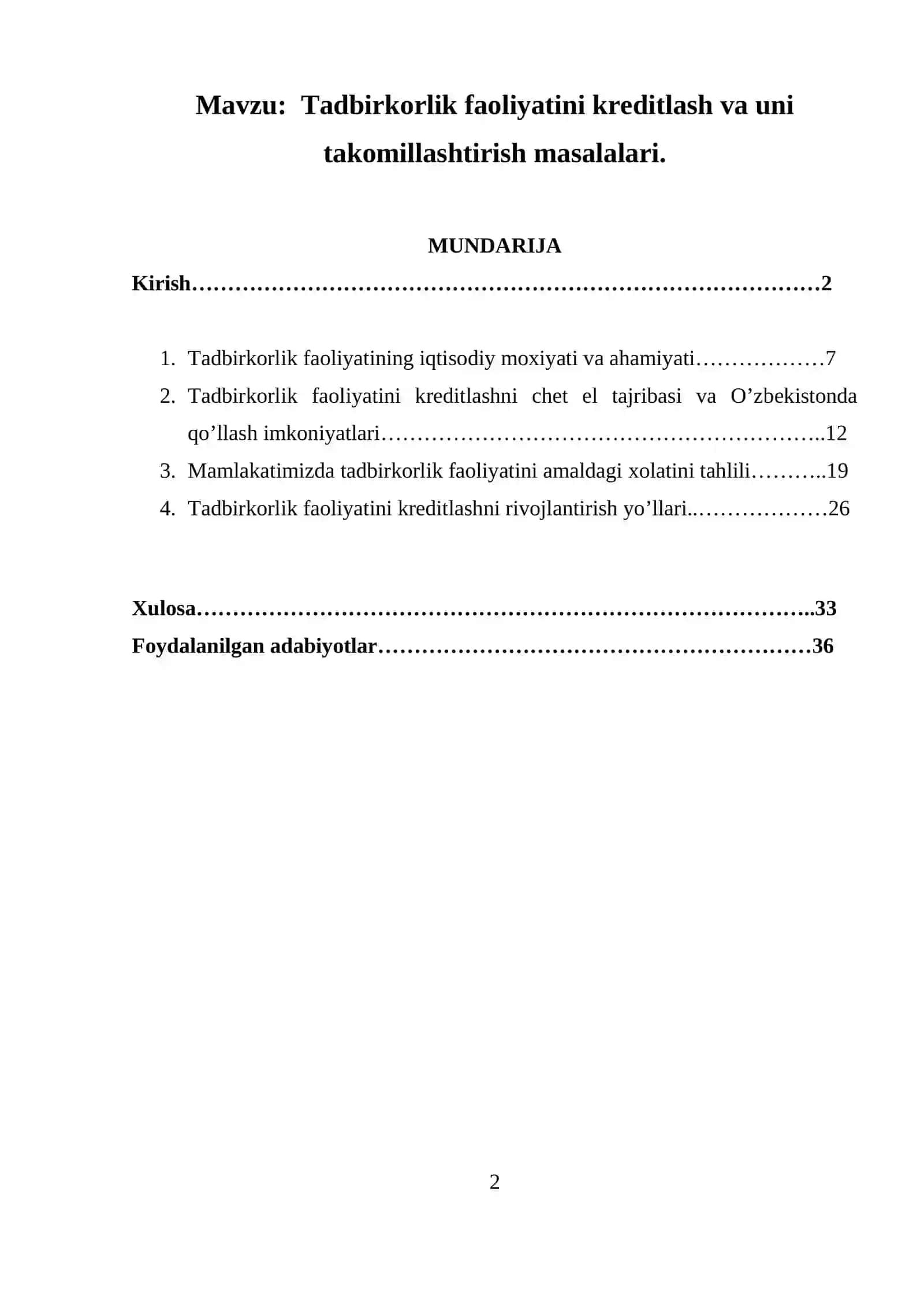 Tadbirkorlik faoliyatini kreditlash va uni takomillashtirish masalalari 2