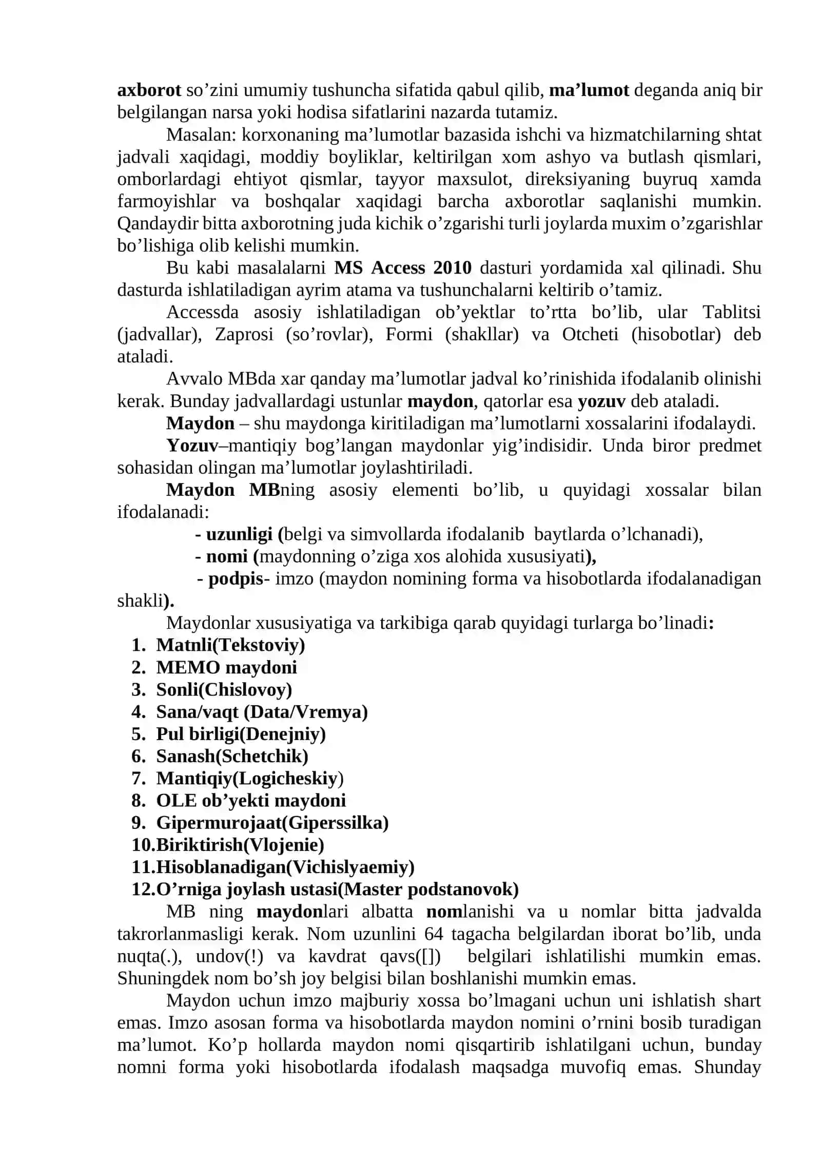 MS Access 2010 dasturida ma’lumotlar bazasini yaratish 2