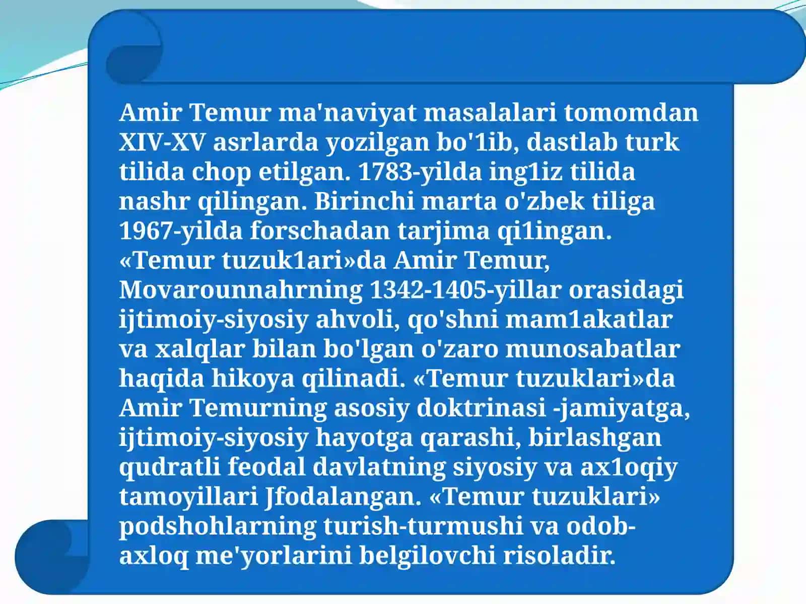 7-sinf O'zbekiston tarixi Temur tuzuklari va unda davlat boshqaruvi dars taqdimot 2