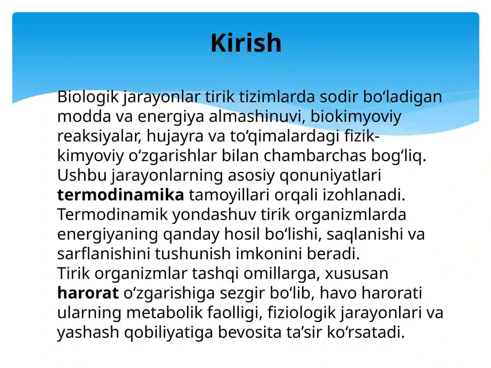 Biologik jarayonlar termodinamikasi. Tirik tizimlarga havo haroratining ta'siri 2