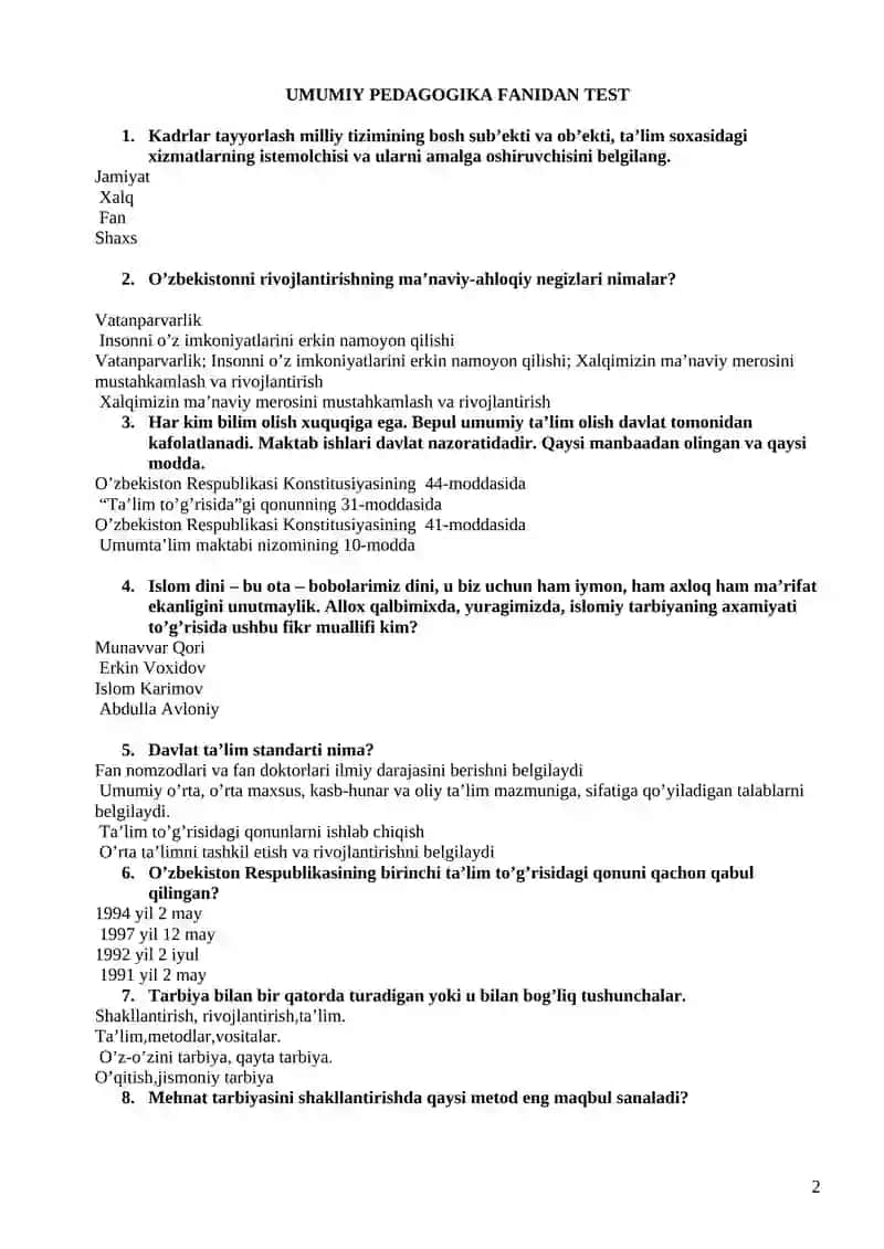 test umumiy pedagogika 2