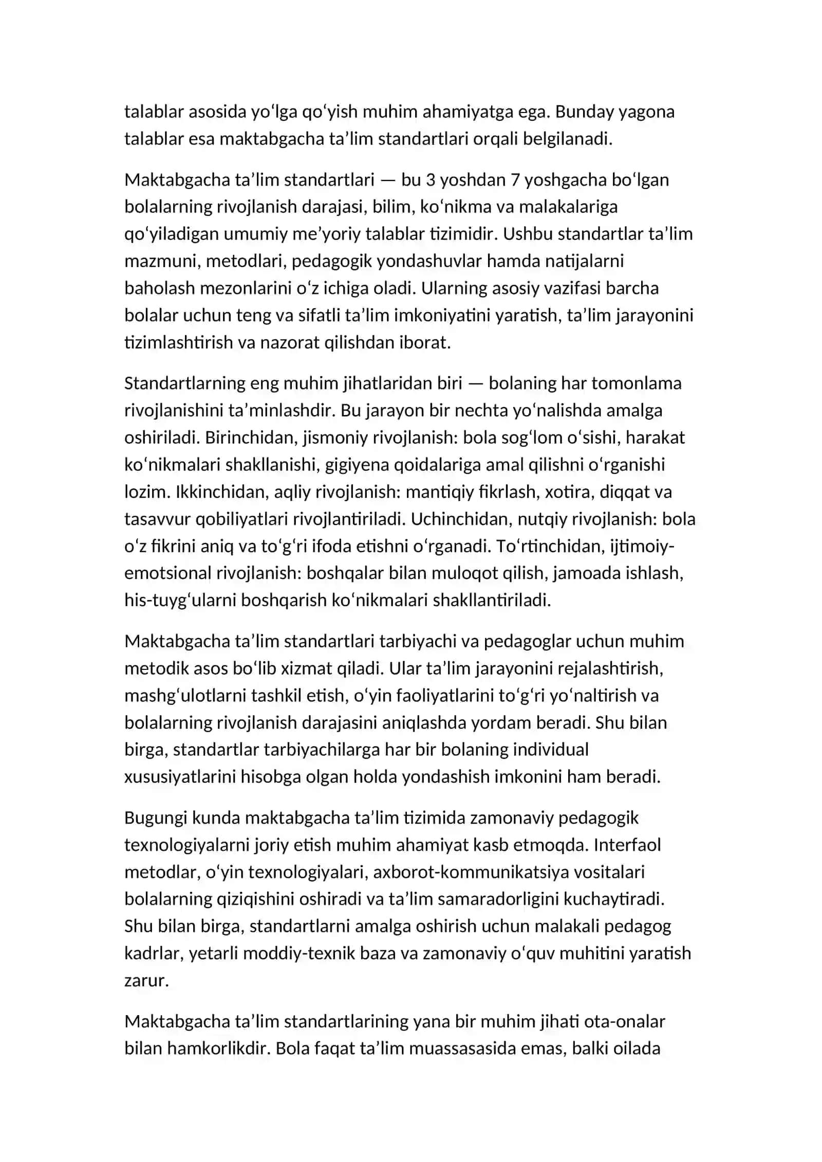 Maktabgacha ta'lim tizimidagi standartlar 2