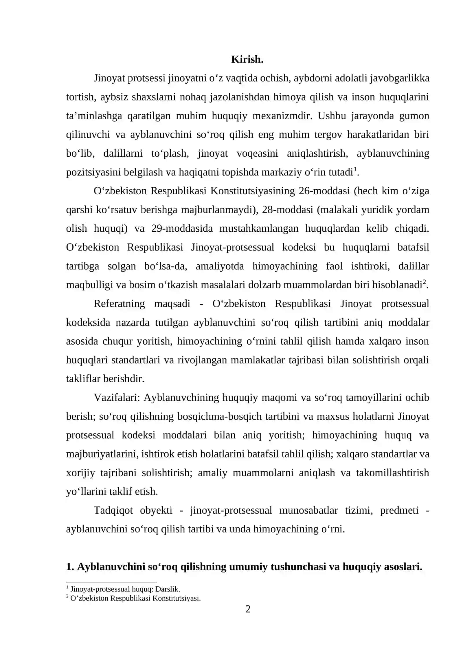 Ayblanuvchini soʻroq qilish tartibi va bu jarayonda himoyachining oʻrni 2